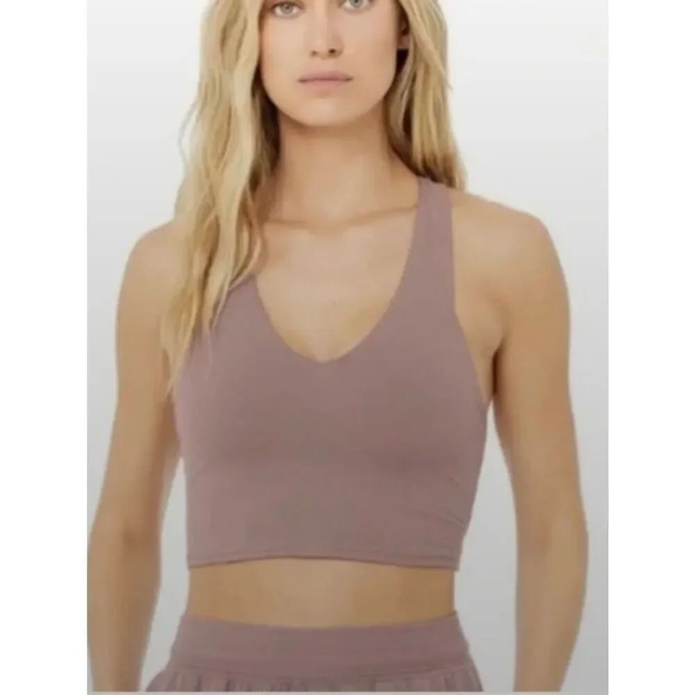 EUC Alo Yoga Airbrush Real Bra Tank V-Neck Crop Sports Taupe S (missing pads)